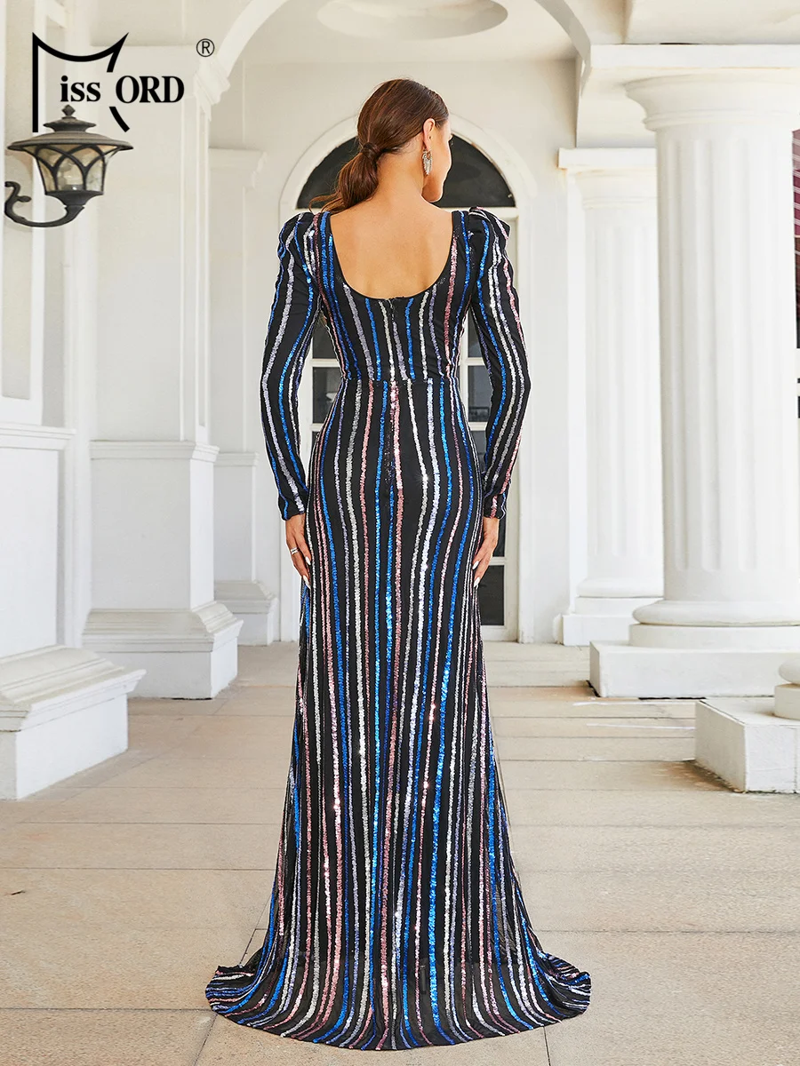 Missord New Round Neck Long Sleeved Striped Sequin Evening Wedding Birthday Party Maxi Dress