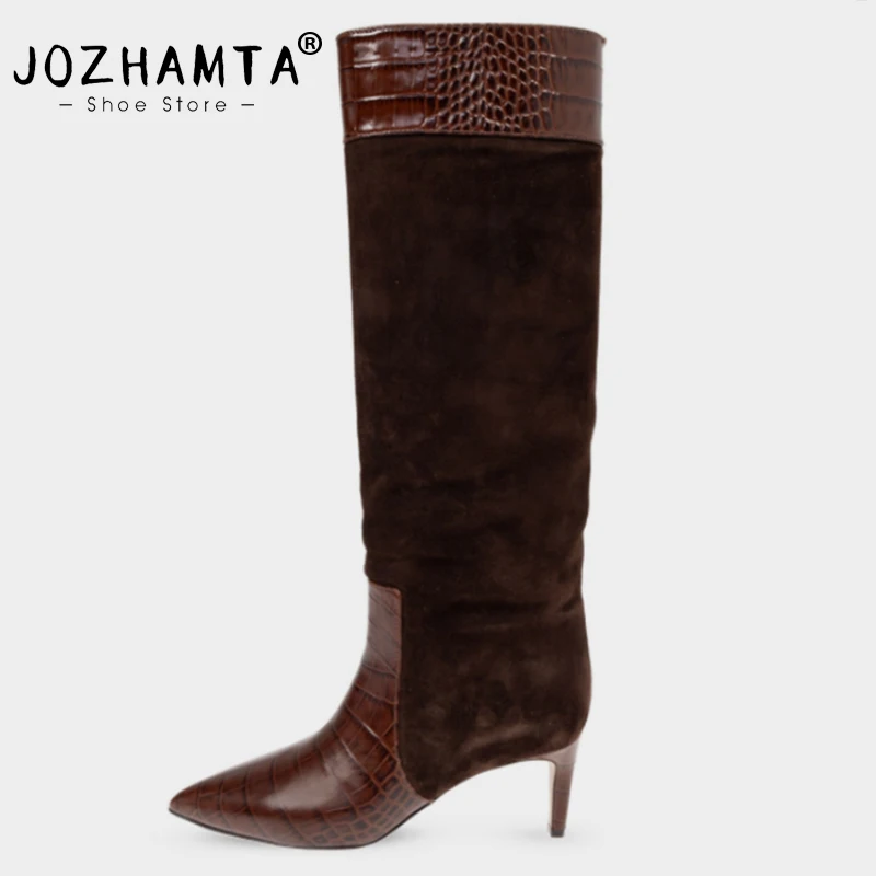 

JOZHAMTA Size 32-43 Knee High Boots For Women Real Leather Stitched Stiletto High Heels Pull On Sexy Pointy Toe Long Tall Boots