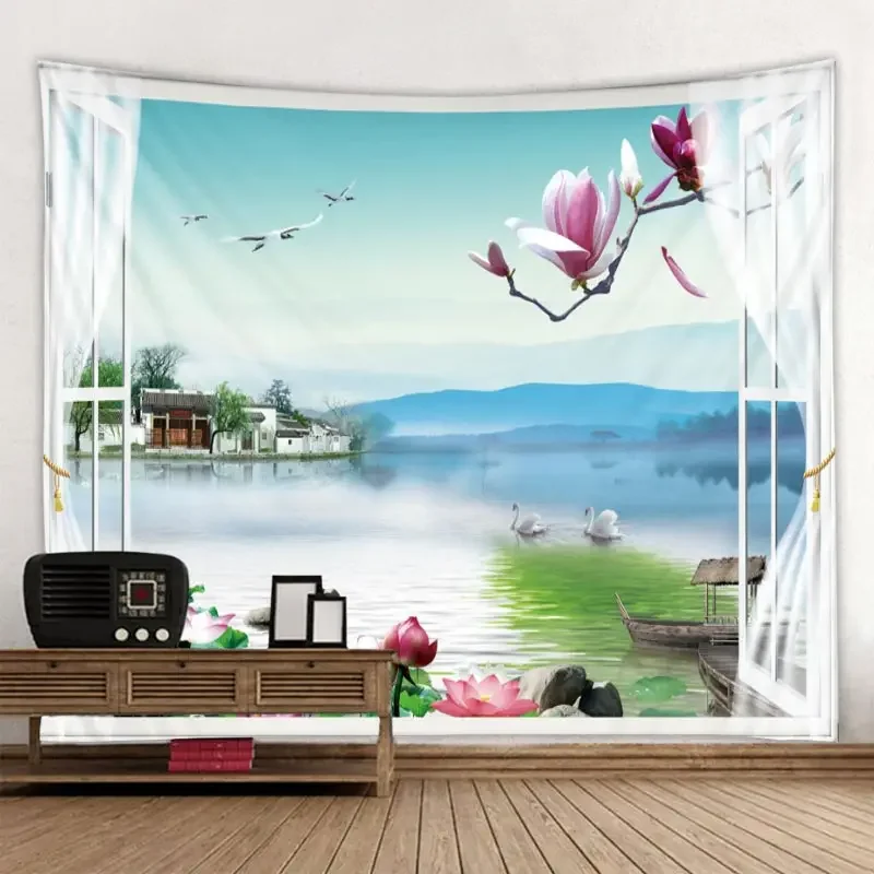 Natural Scenery Outside The Window, Wall Tapestry, Art Decoration Blanket, Curtain Hanging, Home, Bedroom, Living Room Decoratio