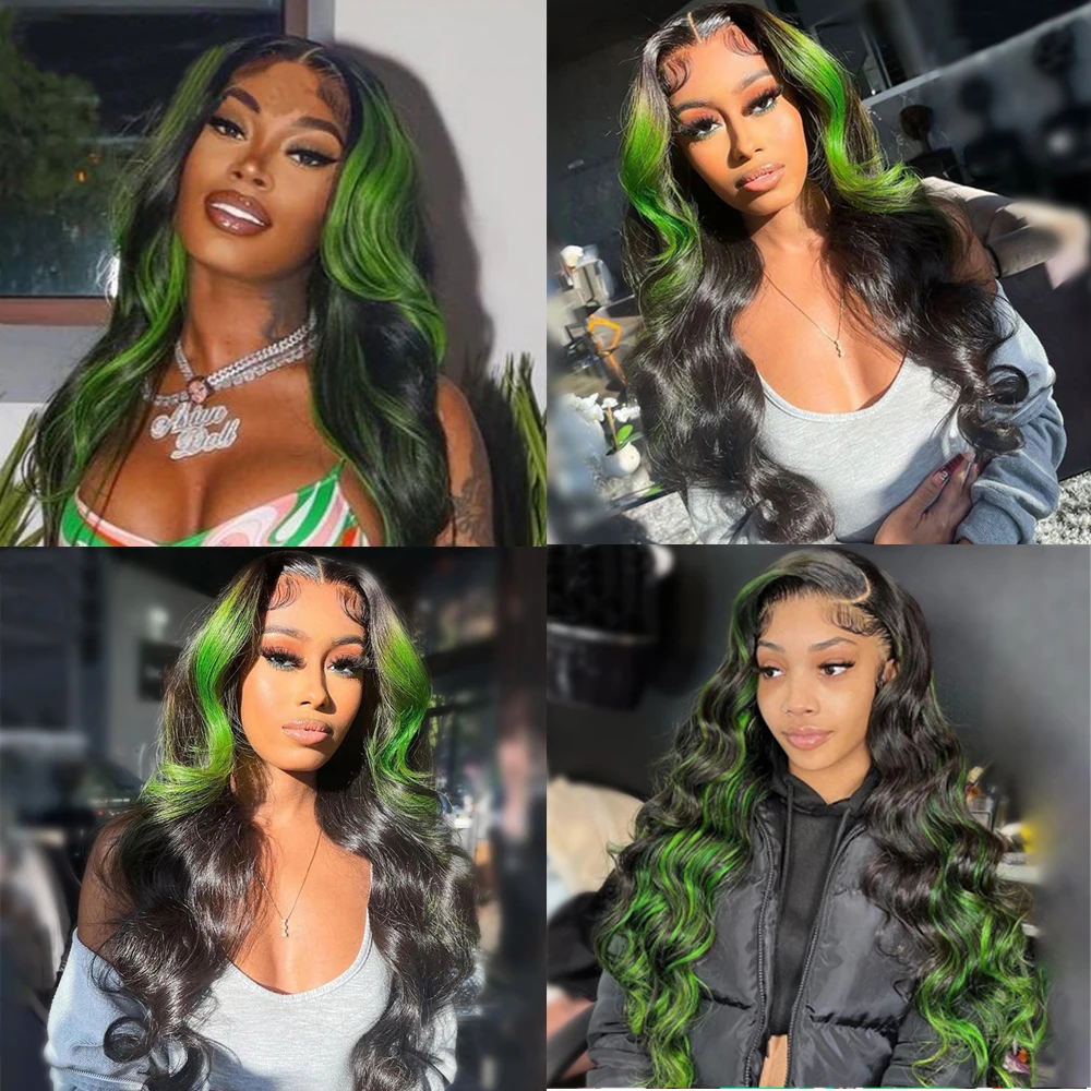Black and Green Highlight Body Wave Human Hair Lace Frontal Wig, 13x4 13x6, Ombre, Pre-Plucked