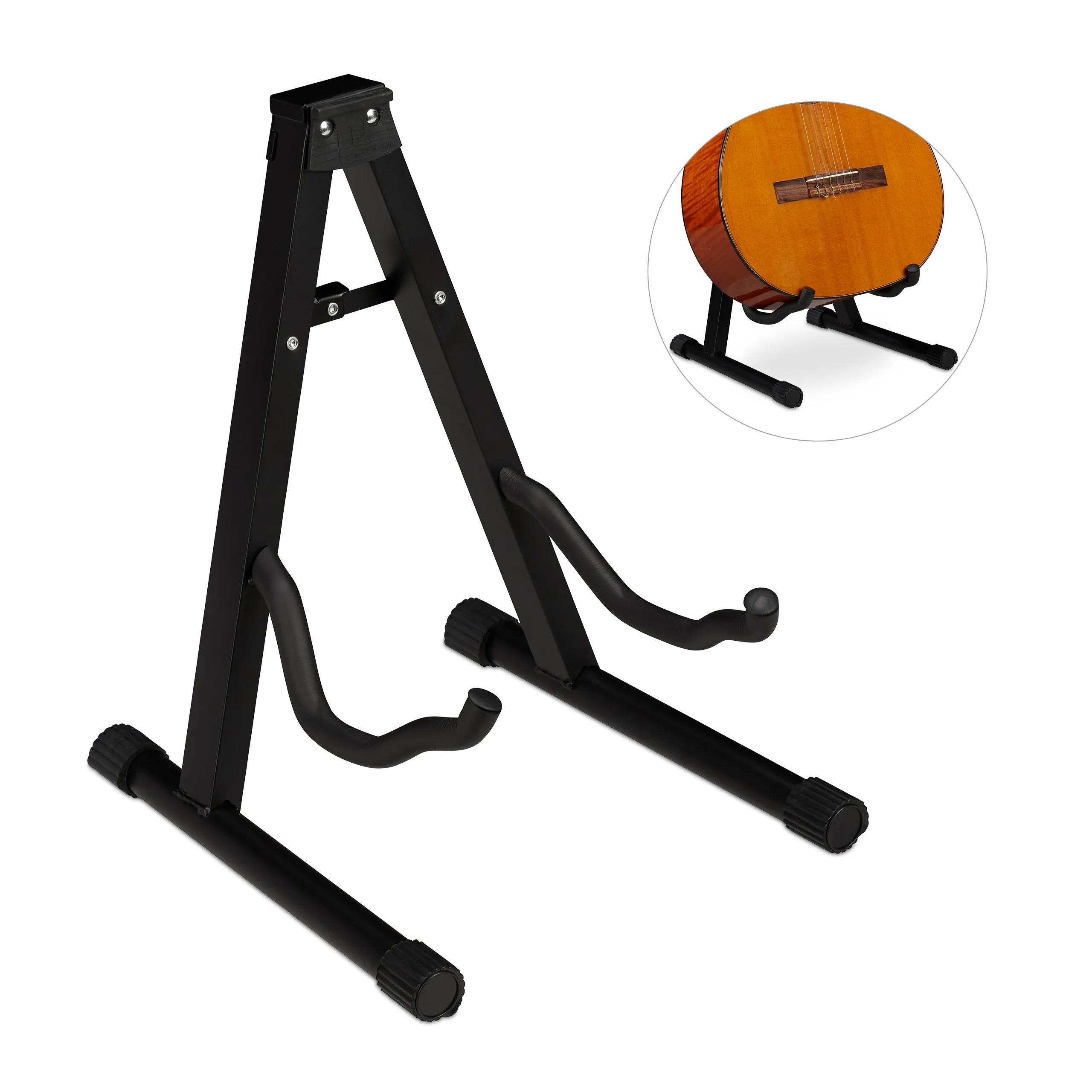 Supporto per Chitarra, Pieghevole, per Chitarre Acustiche, Elettriche, Western e Bassi, Rivestimento in Schiuma, Piedini in Gomma, Regolabile in Continuo, in Ferro, Nero, Relaxdays
