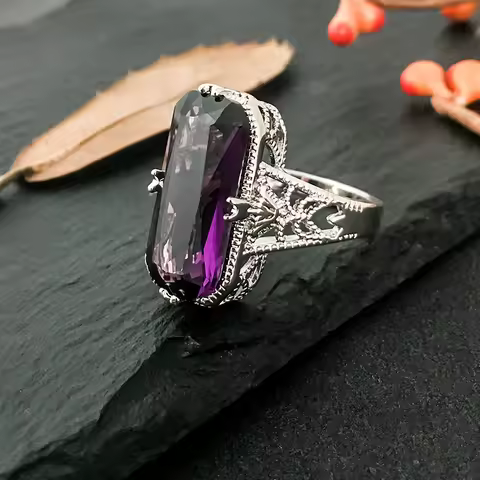 10*20mm Big Amethyst Gemstone Ring Hollowed-out S925 Silver Rings Exaggerated Silver Hand Jewelry For Women