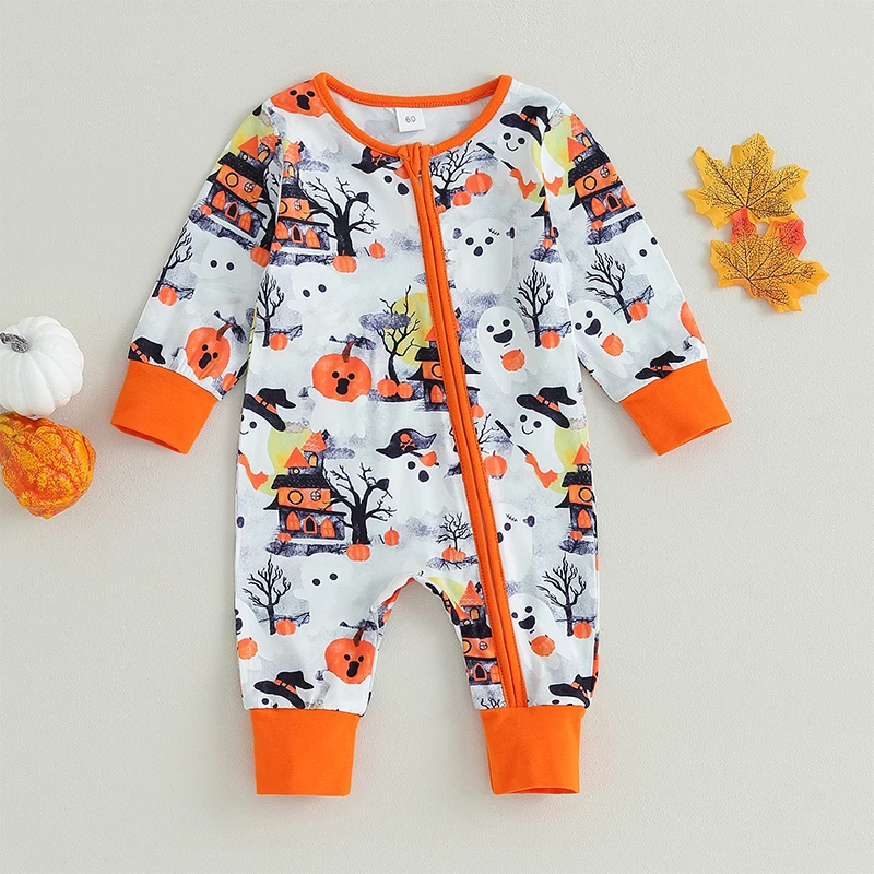 

Toddler Girls Cute Crewneck Jumpsuit with Long Sleeves and Adorable Ghost Pumpkin Print Featuring a Stylish Oblique Zipper for