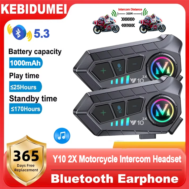 

Kebidumei Y10 2X Motorcycle Helmet Bluetooth Headset Intercom 300m Noise Reduction IPX6 Waterproof Wireless Handsfree Interphone