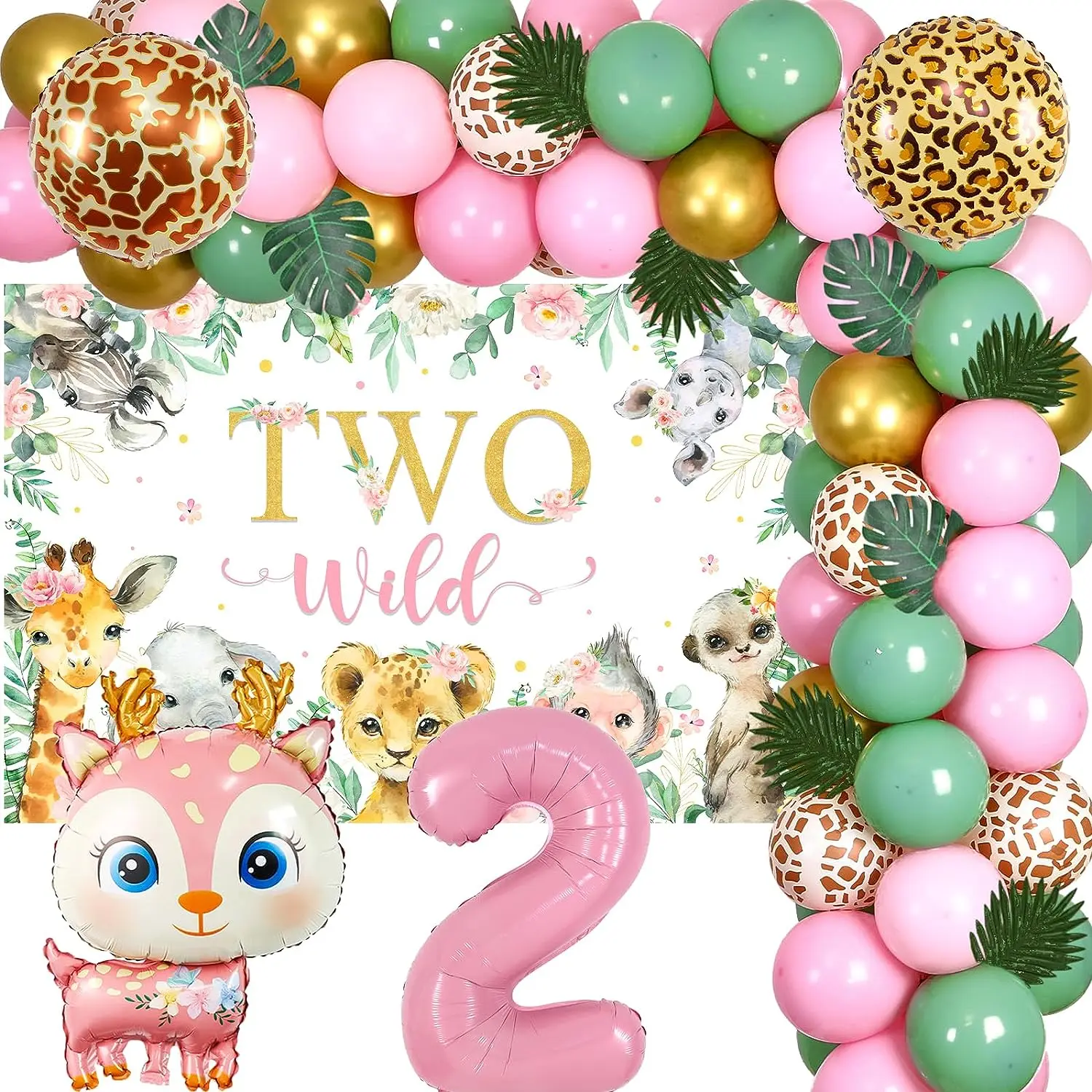 

Two Wild Birthday Decorations Girl Pink Safari 2nd Party Decor Jungle Forest Animal Backdrop Sage Green Balloon Arch for 2 Years