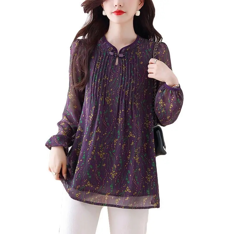 Plus SizeSpring Summer Elegant Floral Printed 3/4 Sleeve Blouse Female Loose Casual All-match Shirt Women Asian style chiffon To