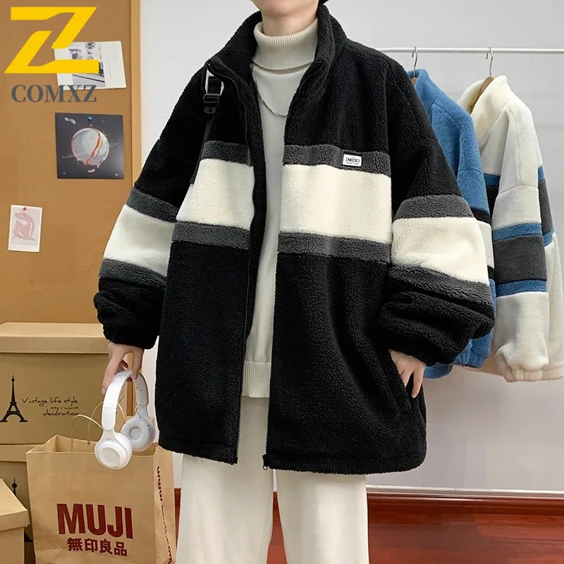 COMXZ 2025 Mens Winter Sherpa Lined Jacket Warm Fleece Coat Fashion Youth Trendy Outerwear tactics lightweight windbreaker