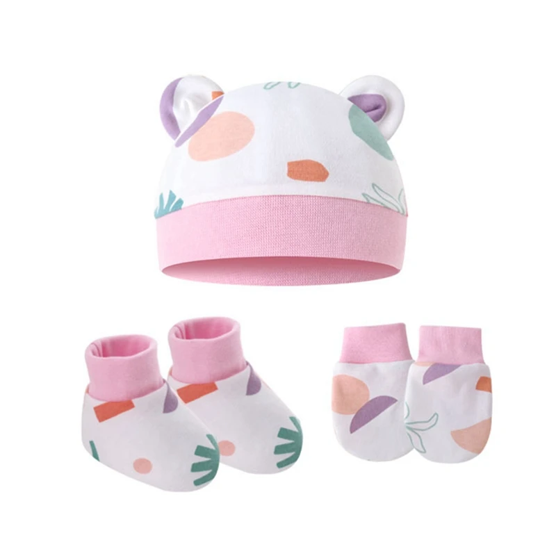 Newborn Baby Hat Gloves Sock Sets For Boys Girls Cotton Cartoon Head-wear Infant Nightcap 3 Pieces Set 0-6M