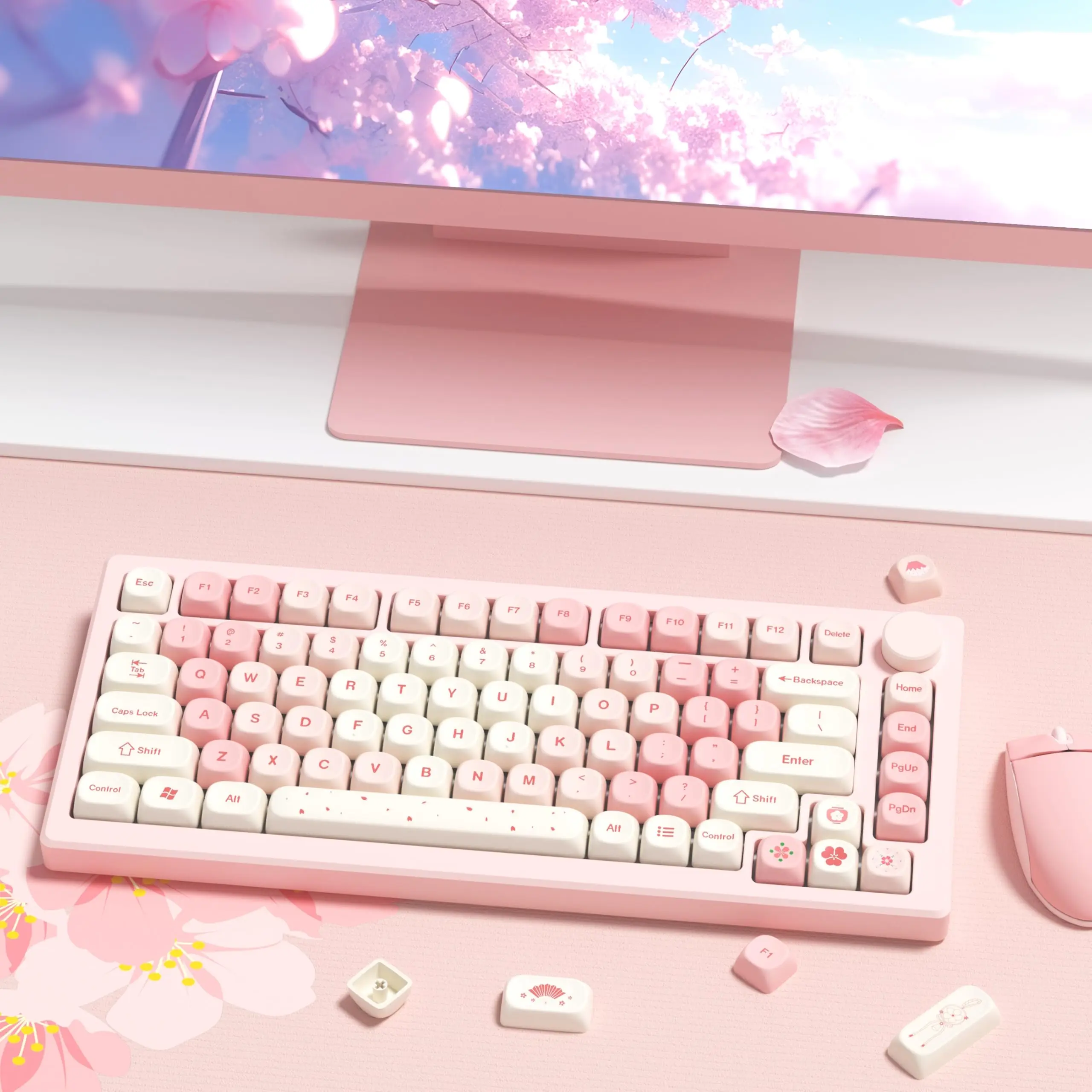 Rosa Kirschblüten-PBT-Tastenkappen, MOA-Profil, Farbsublimations-Tastenkappe, individuelles 133-Tasten-Set für mechanische MX-Switches-Tastatur