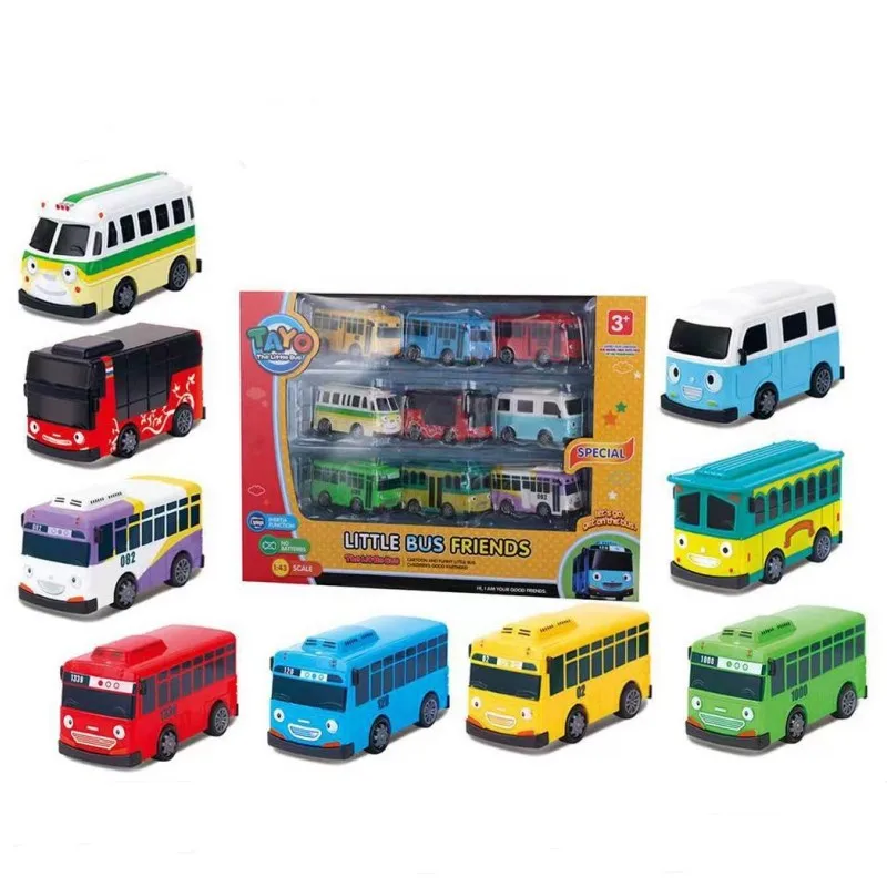 O Little Tayo Bus Miniature Model Car para crianças, aprendendo o brinquedo do conhecimento do tráfego, presente de aniversário do menino, 9cm, 9pcs por conjunto