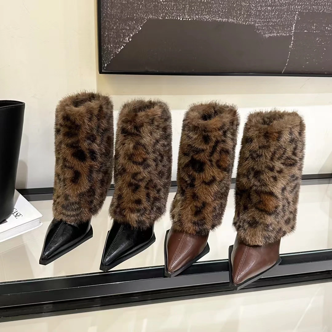 

Pointed Lamb Wool Pants and Short Boots for Women, European and American Plush Thin Heel Short Boots Brown High Heel Short Boots