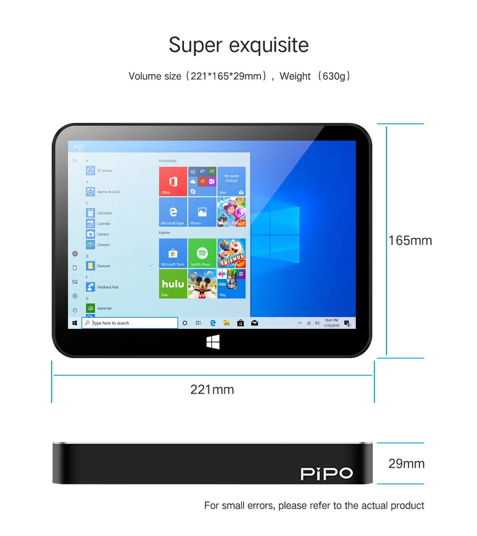 Pipo X11 Mini PC 9 inch 1920*1200 Screen Win10 Tablet Celeron N4020 4GB Ram 64GB Rom Mini PC Desktop TV Box BT4.0 Wifi RJ45