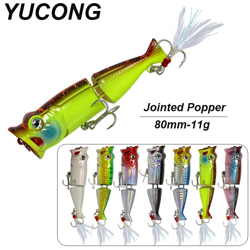 YUCONG 7PCS Floating Popper Baits 80mm-11g Jointed Hard Swimbaits 2-Sections Fishing Lures Topwater cebos duro Noisy Isca Pesca