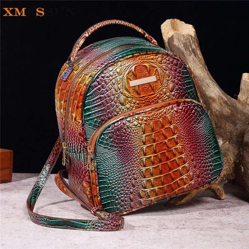 XMESSUN New Trendy Crocodile Pattern Backpack for Women,Fashion Luxury Designer Female PU Leather Handbag Vintage Travel Bag ins