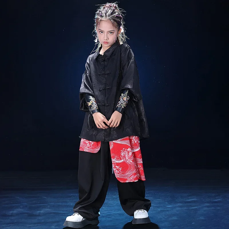 Girls Hip Hop Martial Arts Performance Jazz Streetwear Chinoiserie Boys Street Dance Long Sleeve Printed Shirt +Wide Leg Pants