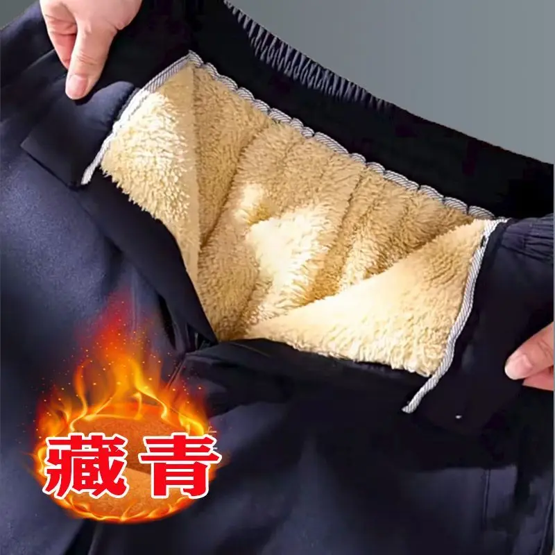 Мужские зимние теплые повседневные брюки из плотного флиса 2025, мужские хлопковые брюки с высокой талией и молнией спереди, верхняя одежда для отца, ветрозащитные брюки