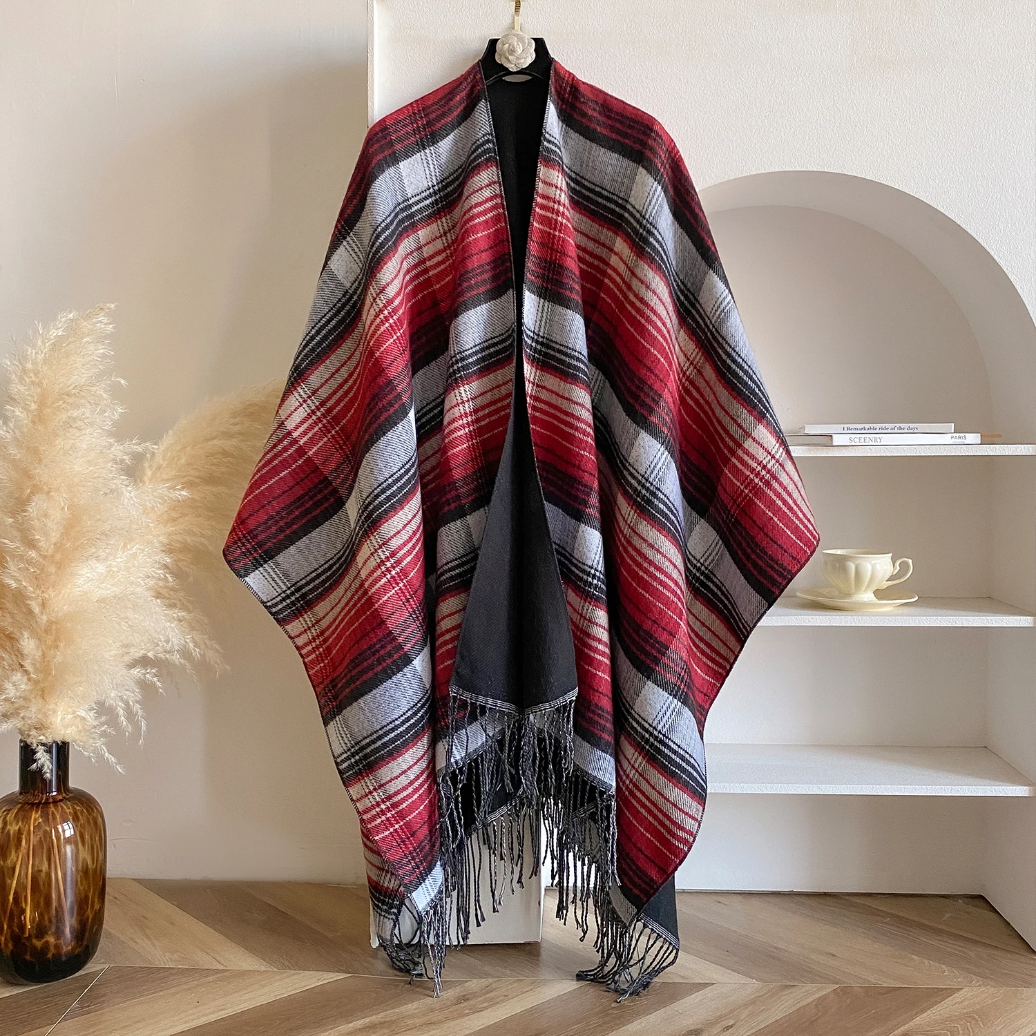 New Design Women Plaid Cashmere Feel Shawl Coat Lady Winter Cape With Retro Cardigan Classic Simple Cloak Soft Large Blanket