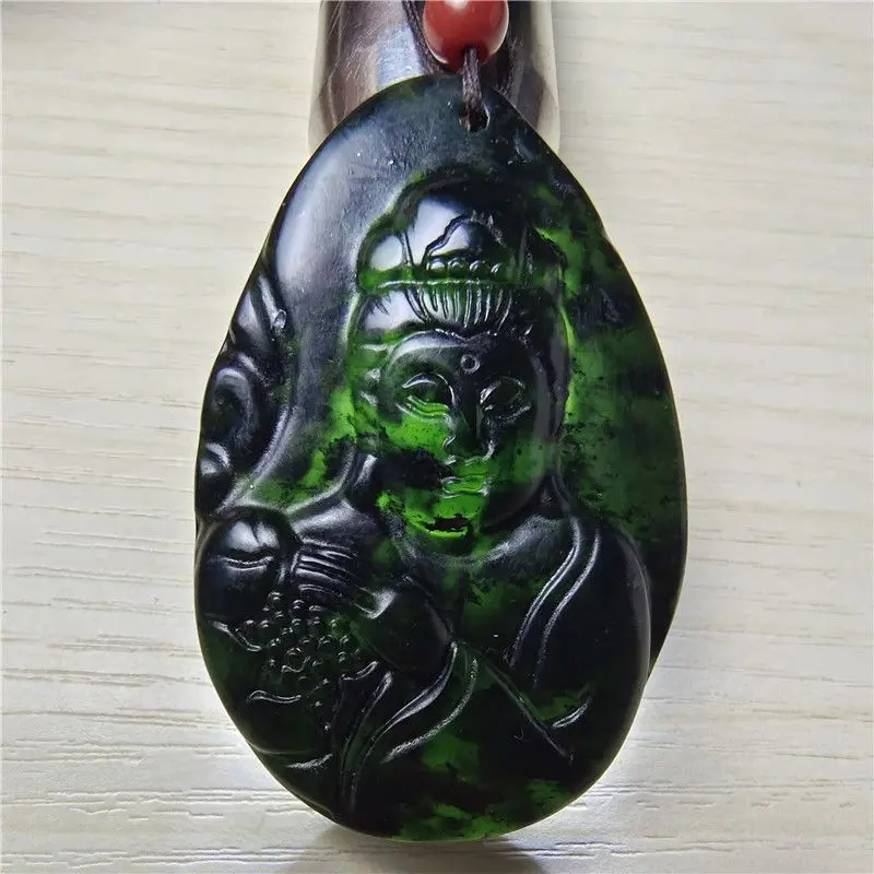 

Natural Medicine King Stone Lotus Guanyin Pendant Dark Green Jade Guanyin Necklace Men's Pendant