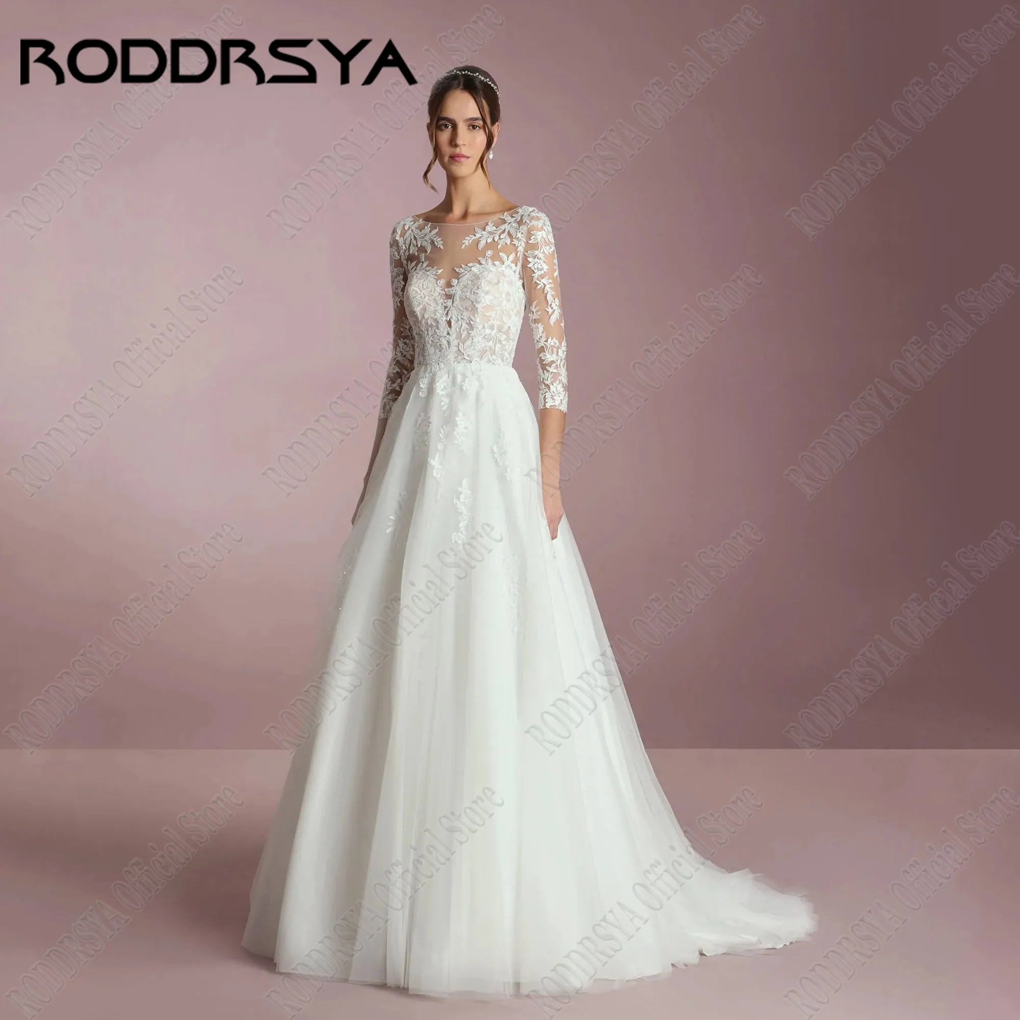 

RODDRSYA A-Line Wedding Dress Women 3/4 Sleeves O Neck Backless Elegant Bride Gowns Applique Lace Vestidos De Novia Plus Size