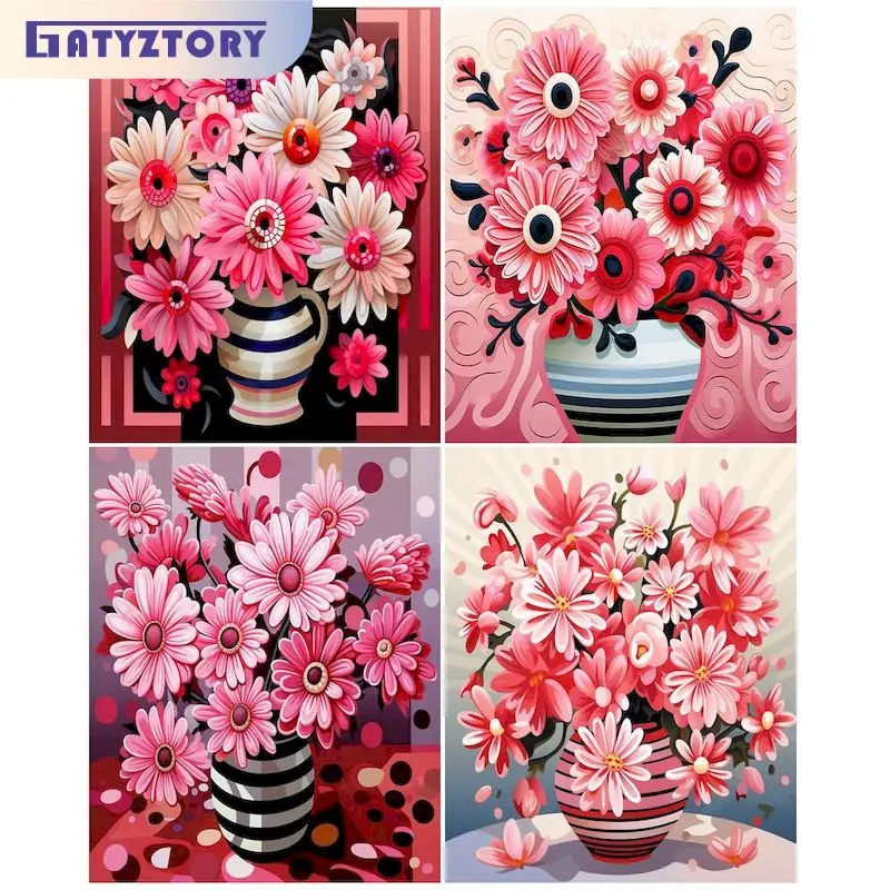 GATYZTORY-pintura por números con marco para principiantes, Kits de flores rosas, pintura acrílica para colorear por números, obra de arte para el hogar