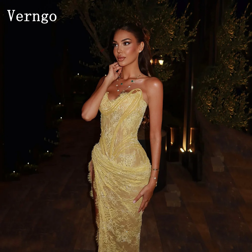 

Verngo Yellow Lace Evening Dress Sweetheart Sexy Mermaid Prom Gowns Lace Up Long Formal Occasion Dresses Customized
