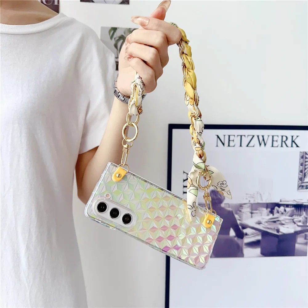 Luxury laser Diamond Patterned Silk Scarf Bracelet Transparent PC Case For Samsung Galaxy Z Fold6 Case Z Fold5 Z Fold4 Z Fold7 3