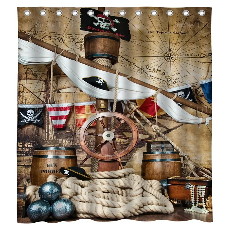 Pirate Treasure Map With Flag Ship Life Buoy Shell Boat Kids Sailor Baby Portrait Background Shower Curtain By Ho Me Lili