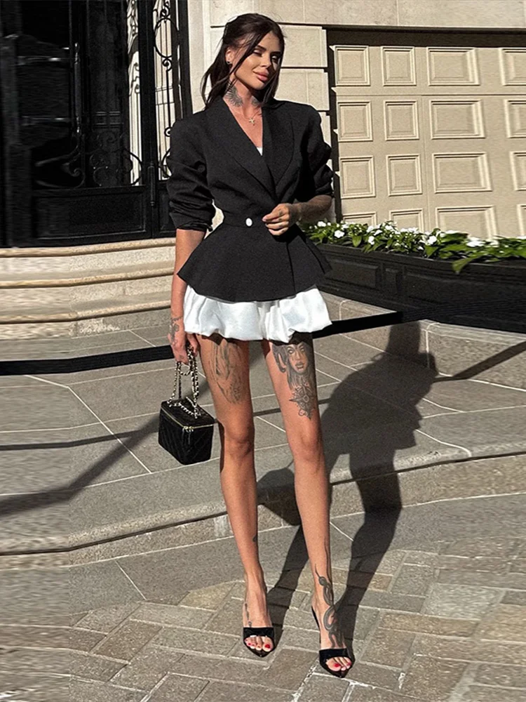 

Ruffle Puff Sleeve Blazer Bud Skirt Suits Women Fashion Lapel Double Breasted Waist Cinching Jacket Mini Skirts Chic Ladies Sets