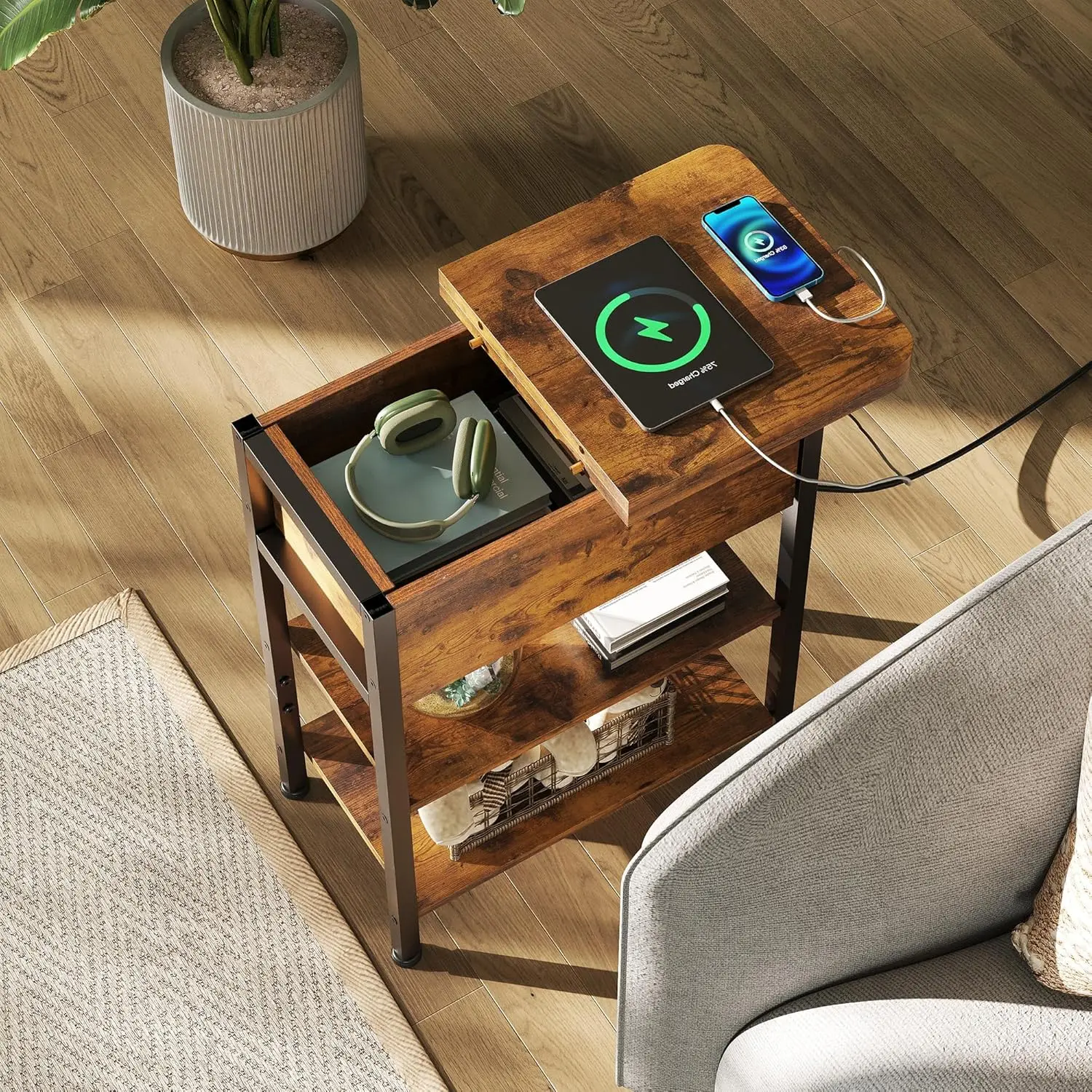 End Table with Charging Station, Flip Top Narrow Side Table with Storage Shelf