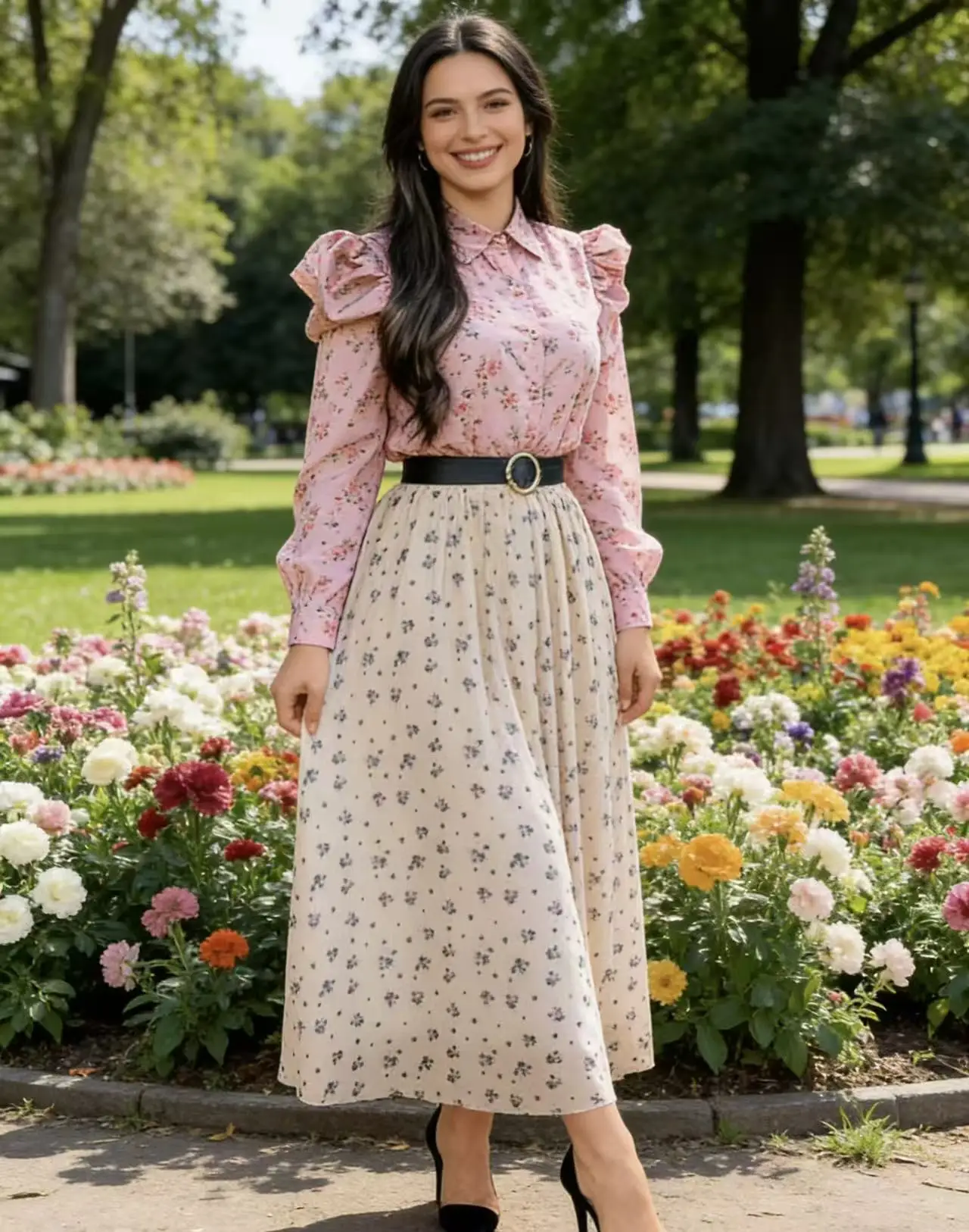 

Plus Size Women's Apricot Floral Print Skirt, High-Waisted A-Line Maxi Skirt, Commuter and Vacation Gentle