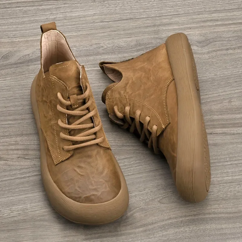 High Quality Distressed Leather Mid Top Tenis Para Hombre, Gum Thick Sole Retro Tênis Masculino,new Casual Comfortable Shoes Men