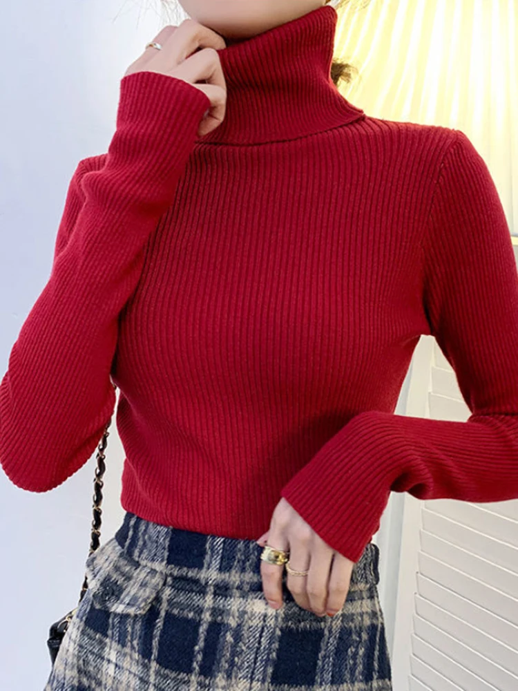 New 2024 Women Pullover Turtleneck Sweater Autumn Long Sleeve Slim Elastic Korean Simple Basic Cheap Jumper Solid Color Top