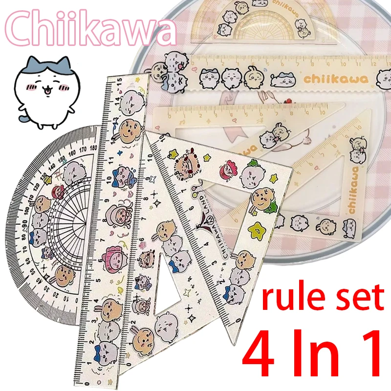

4 in 1 Chiikawa Ruler Student Stationery Set Measurement Geometry Triangle Ruler Protractor Drawing Learning Office Supplies