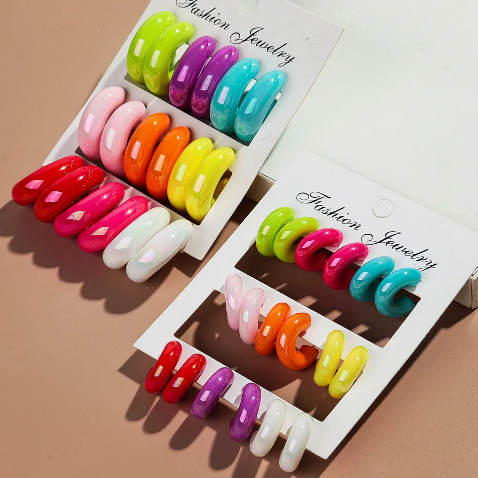 9pair/set Candy Color Acrylic Waterdrop Circle Earring Hoops for Women Statement Irregular C-Shaped Earrings New Jewelry Gift