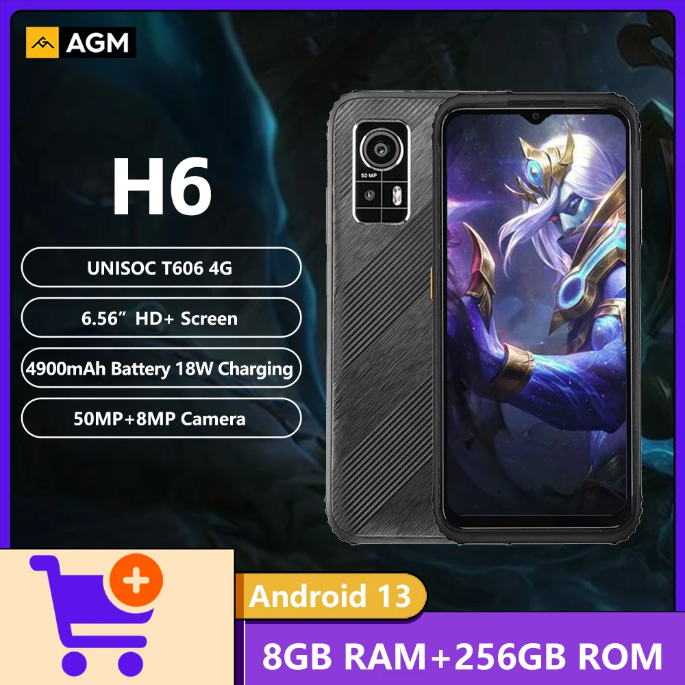 AGM H6 Rugged Phone 50MP 8GB+256GB, 6.56' FHD+ 90Hz Display,50MP+8MP Camera,4900mAh Battery,Unisoc T606 4G,Android 13 Smartphone