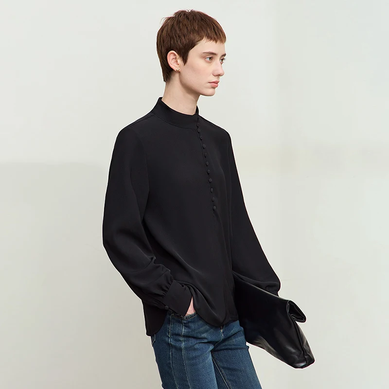 Amii Minimalism Camicetta da donna 2025 Autunno Moda retrò Colletto alla coreana Camicia basic casual in chiffon Manica lunga Top Lady 12443185