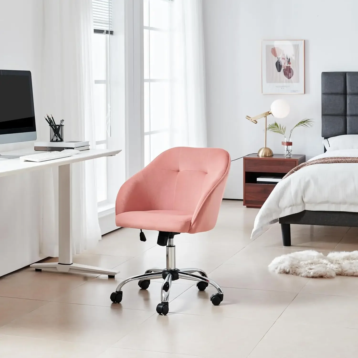 Comfy Desk Cute Office Chair Pink Velvet Desk Makeup Chair Vanity with Back, Modern Swivel Computer