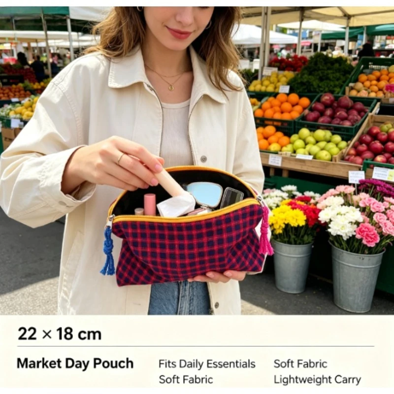 Women's Large-Capacity Portable Cosmetics Storage Bag Contrasting Color Plaid Design Skin Care Products Organizer
