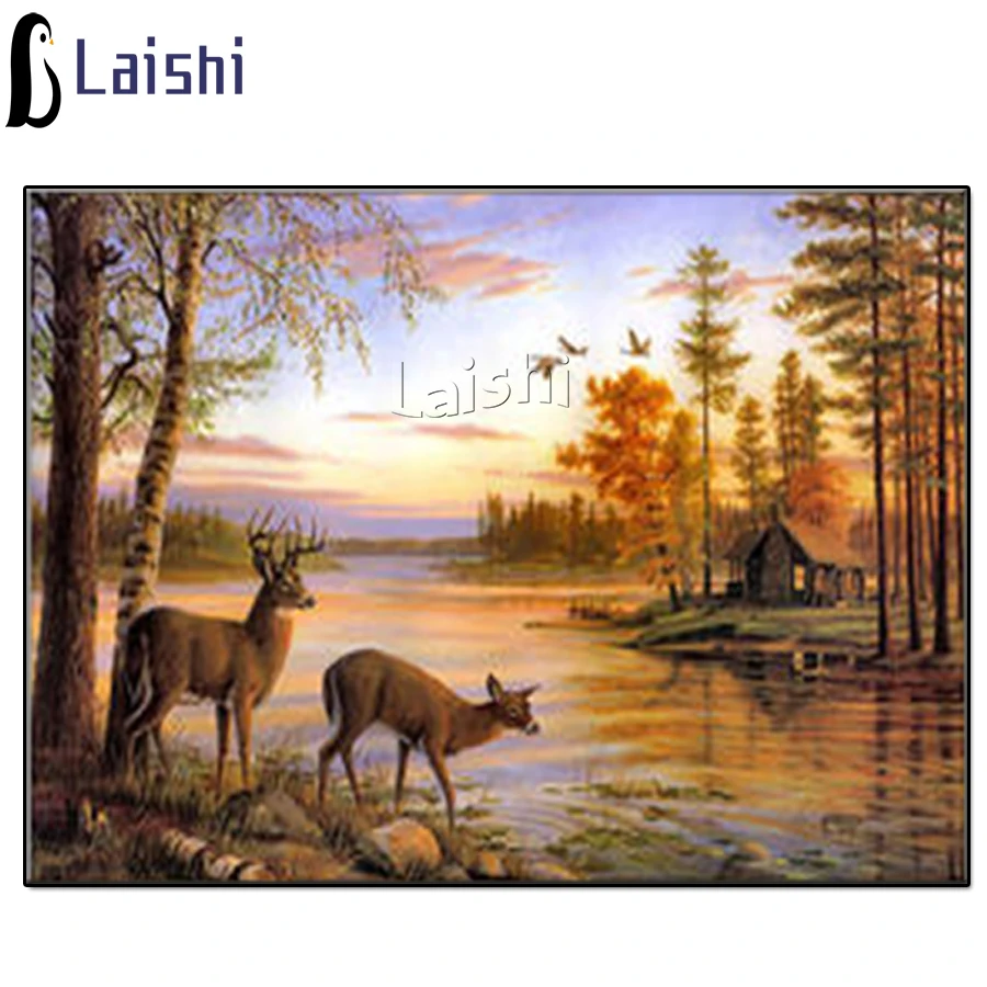 

5D DIY full square diamond painting Forest hut and deer at dusk mosaic diamond rhinestone embroidery cross stitch home decor