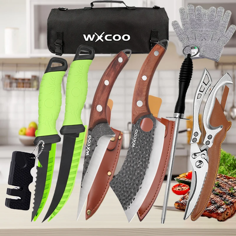 WXCOO 1~9pcs Stainless Steel Kitchen Knives Professional Fish Boning Knife Meat Cutting Ultra Sharp Fruit Knife BBQ Cooking Tool