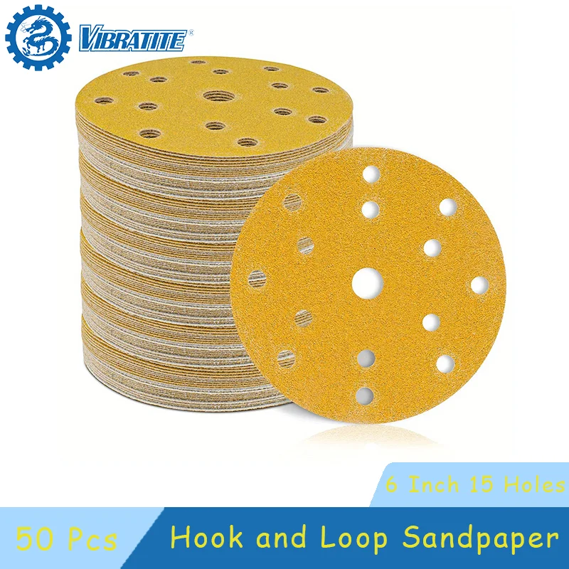 

6-дюймовая наждачная бумага с крючками и петлями, 15 отверстий, 50 шт., зернистость 60–400, 150 мм для полировки и шлифования автомобиля, деревообработки, авто