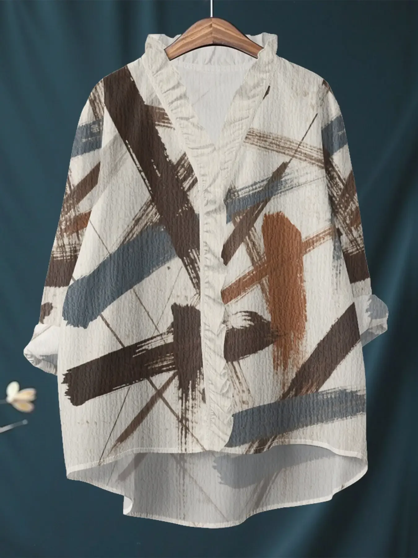 2026 new women's printed long sleeved shirt with ruffled collar, Holiday shoppers, curvaceous women