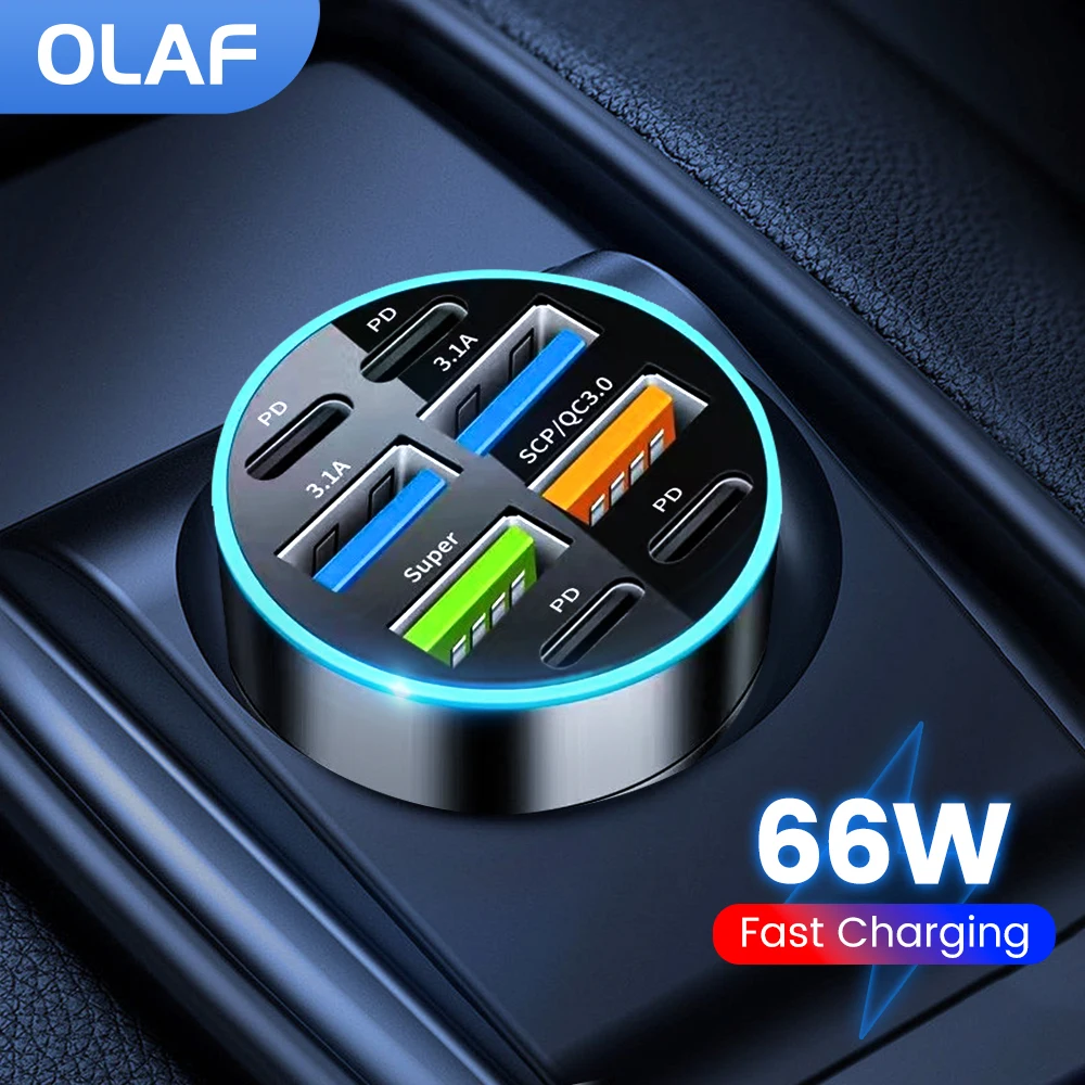 8Port USB Car Charger Type C Fast Charging Phone Adapter For Xiaomi Huawei PD Phone Charger Car Adapter Socket Cigarette Lighter