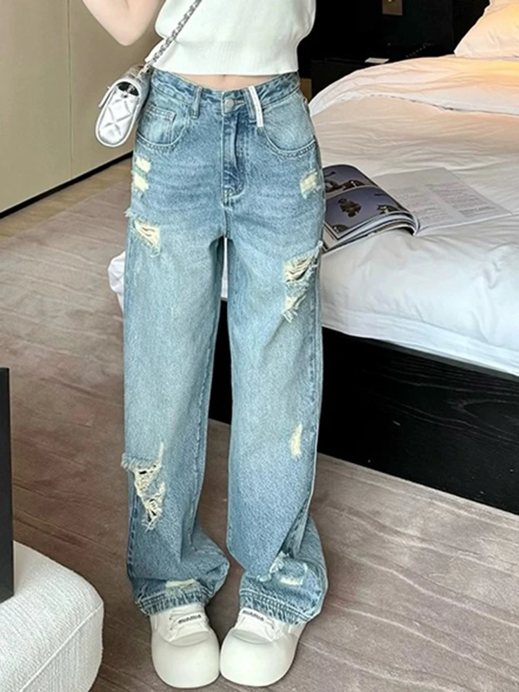 

Summer Street Loose Casual Chicly Ripped Jeans for Women New Fashion Washed Simple Vintage Straight S-XL Female Wide Leg Pants