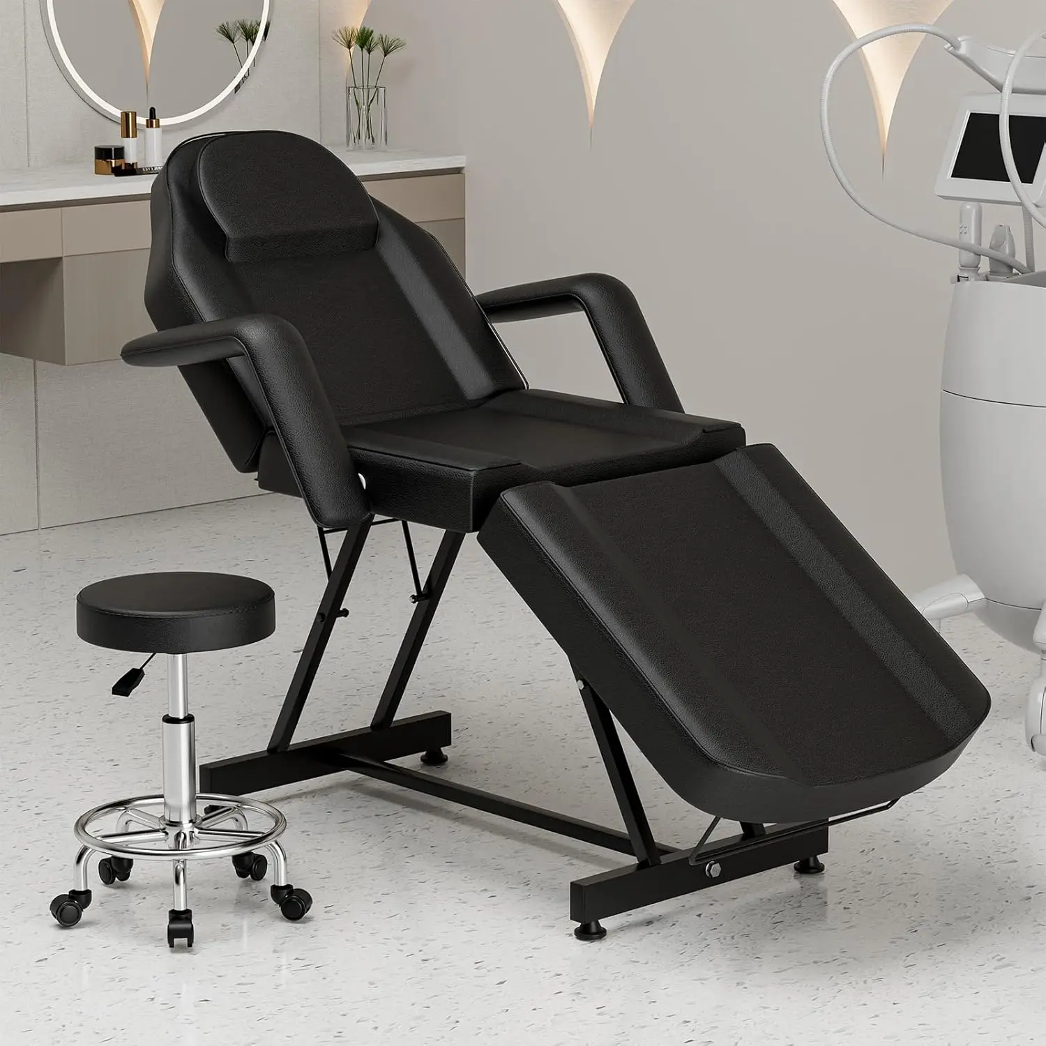 Adjustable Facial Tattoo Chair with Hydraulic Stool, Multi-Purpose 3-Section Massage Esthetician Bed for Client Lash