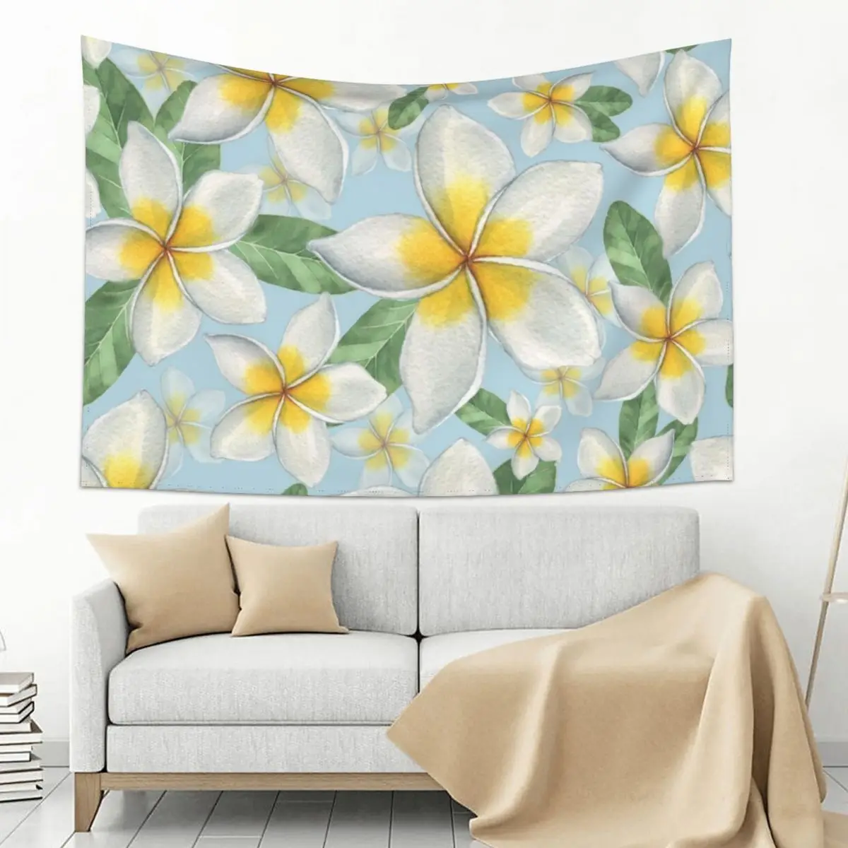

White and yellow plumeria flowers - White Plumeria Flower Pattern Tapestry Bedrooms Decor Aesthetic Room Decors Tapestry