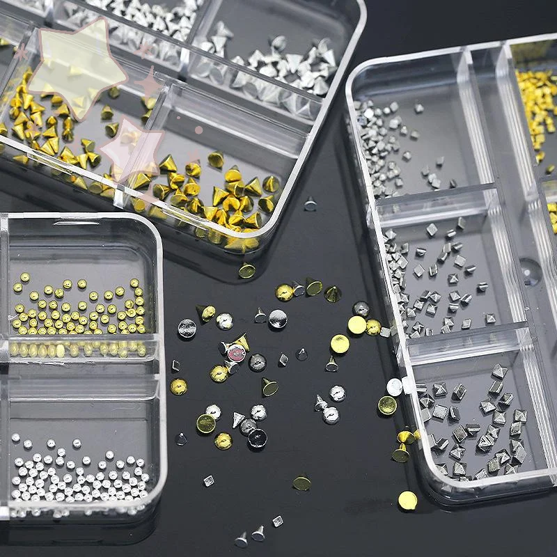 6 Grids Punk Nail Rivets Silver Gold Black Mixed Size Metal Bead Studs Round Cone Nail Art Charms Parts DIY Decoration