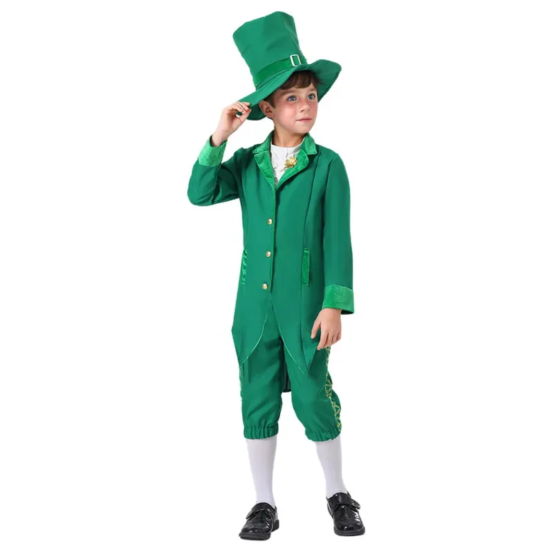 Kids Boys Girls Irish Leprechaun Green Fancy-dress Outfit St Patricks Day Party Costume Halloween Stage Program Perfoemance Wear