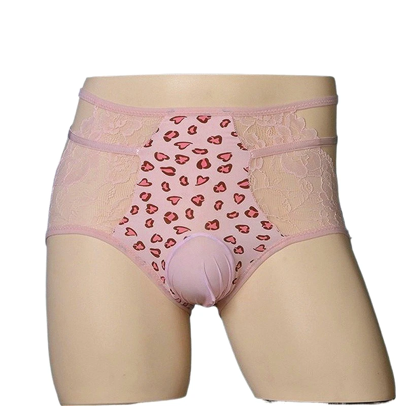 Silky Pouch Briefs Leopard Men's Egg Wrapped JJ Sexy Underwear Men Lingerie Hollow Comfortable Lace Male Sissy Panties Mid Waist