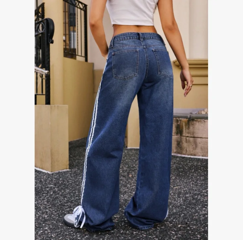 الجينز بنطال ذو قصة أرجل واسعة النساء السراويل خمر غسلها الدينيم المتعثرة تمتد مخطط الدانتيل يصل الشارع الشهير الإناث طول الأرض